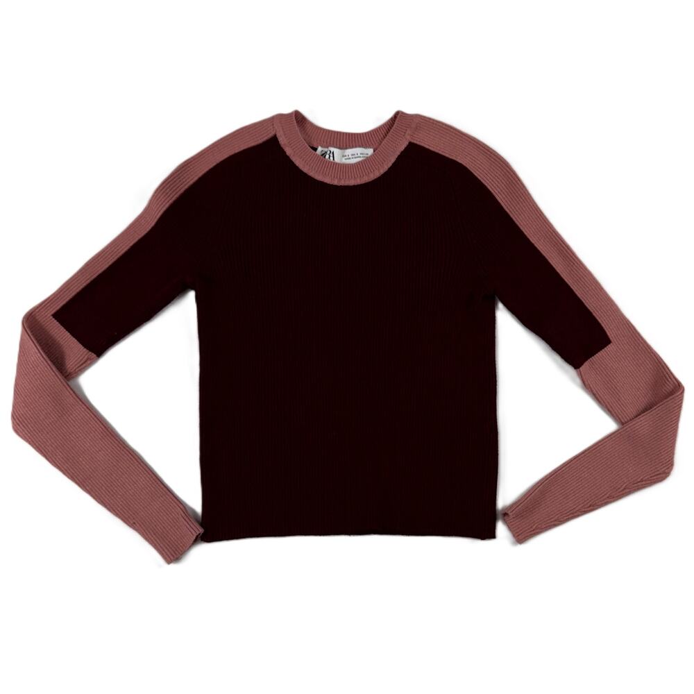 Zara Pink Maroon Block Ribbed Crew Long Sleeve Sweater Jumper Size S